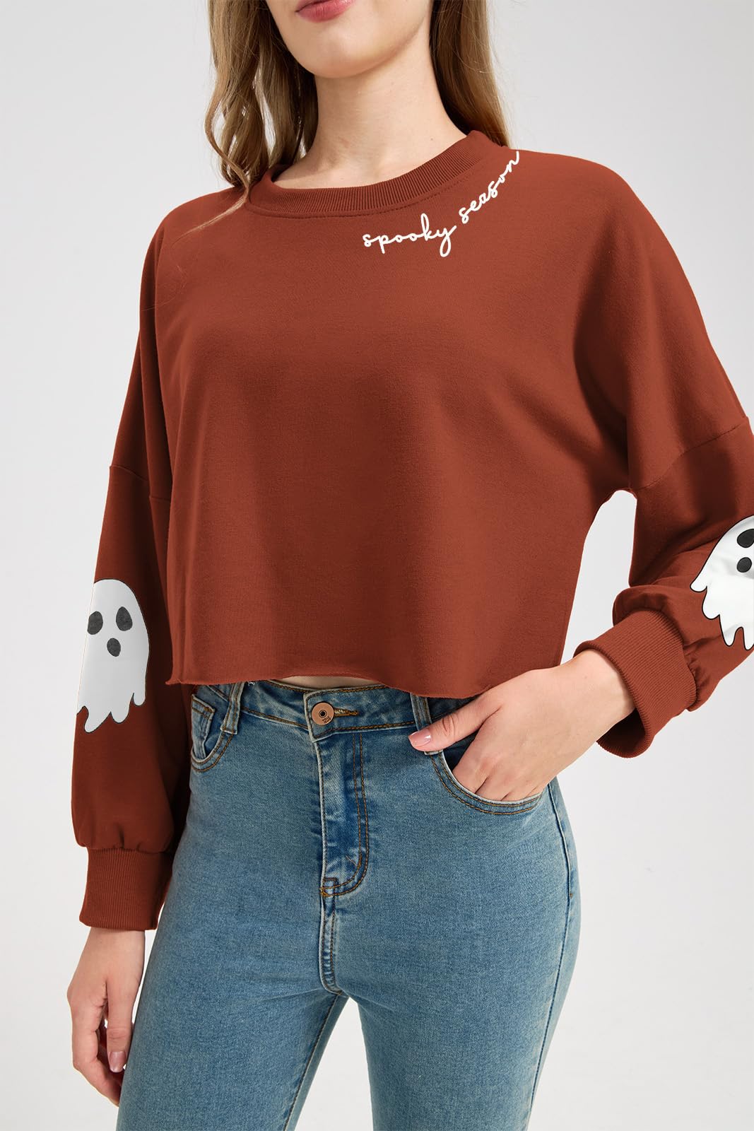 Jliqt Women's Funny Ghost Graphic Crop Sweatshirt Halloween Lantern Long Sleeve Pullover Fall Family Matching Tops(M,Brown 6)