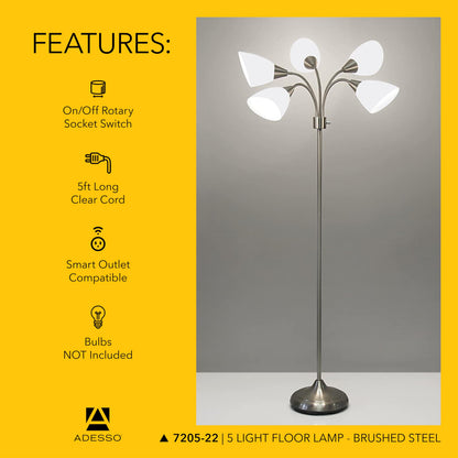 Adesso Floor Lamp with 5 Movable Shades & Adjustable Brightness, Brushed Steel Finish, Silver Perfect Lighting for Bedroom Decor, Beauty & Art Studio