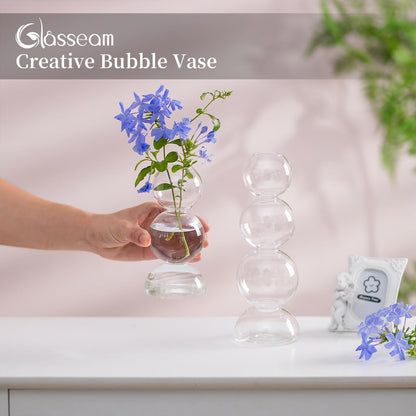 Glasseam Unique Small Flower Vase, Cute Blown Glass Vases for Flowers, Modern Ball Bubble Clear Bud Vases - Decorative Round Single Flower Vase for Home Decor