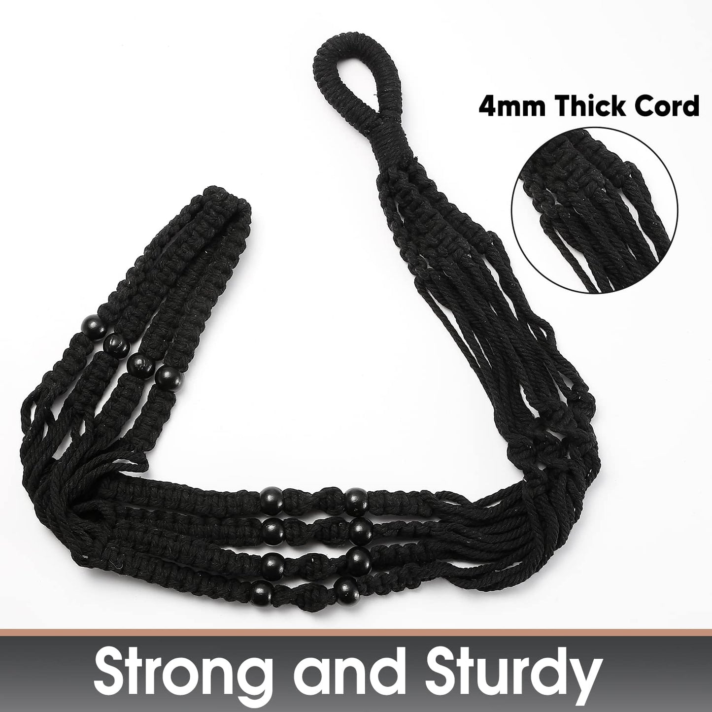 Shineloha 43 Inches Macrame Planter Hanger Large for 12 inch Pot + Swag Hook (Extra Long & Big) | Large Hanging Planter for Indoor Plants | No Tassel, Cotton Rope, NO Pot/Plant Included (Black)(XL)