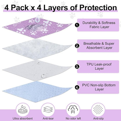 BEAUTYZOO 4 Pack Washable Pee Pads for Dogs, Reusable Puppy Pads for Potty Training, Waterproof Super Absorbent Whelping Pads Mats Non Slip Against Urine for Small Medium Dogs Cats, 36" x 41"