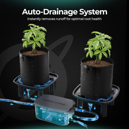 MARS HYDRO Auto Drainage System with Water Pump, 4 Elevated Runoff Trays & 4-Pack 5 Gallon Grow Bags, Plant Drainage Saucers for Indoor Plants Grow Tents