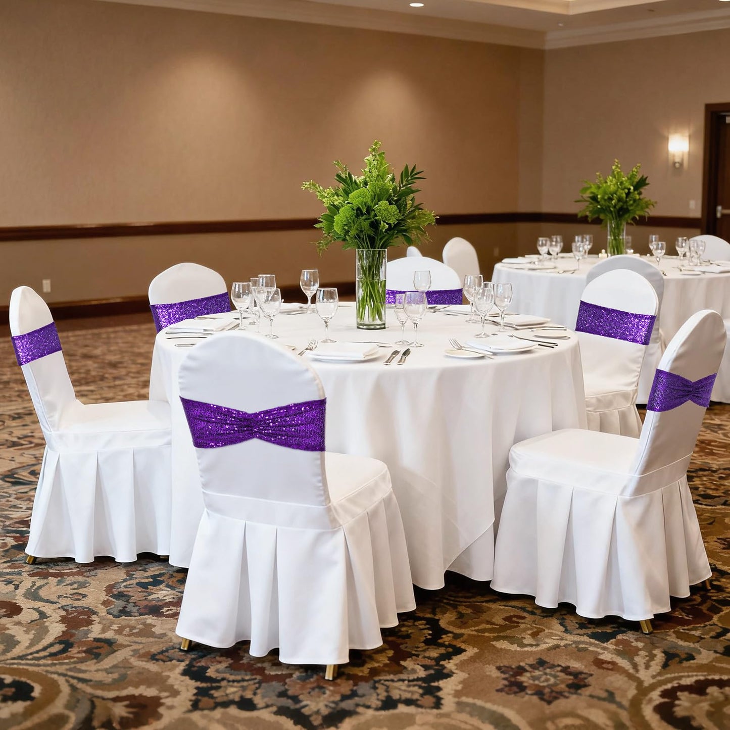 SquarePie Sequin Chair Sashes Bows 10 Pack Purple Shiny Chair Cover Bands for Wedding Banquet Party Decor