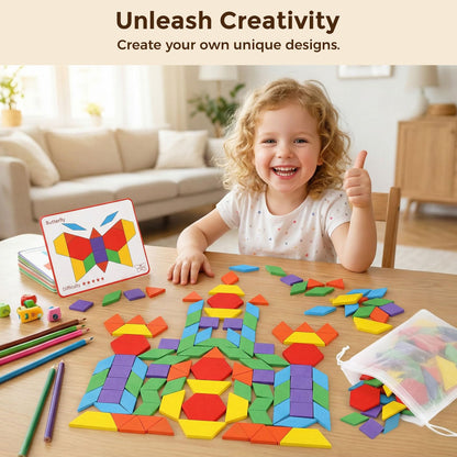 LovesTown Wooden Pattern Blocks Set for Kids, Geometric Shapes with Learning Cards, 150 PCS Educational Puzzle Toy