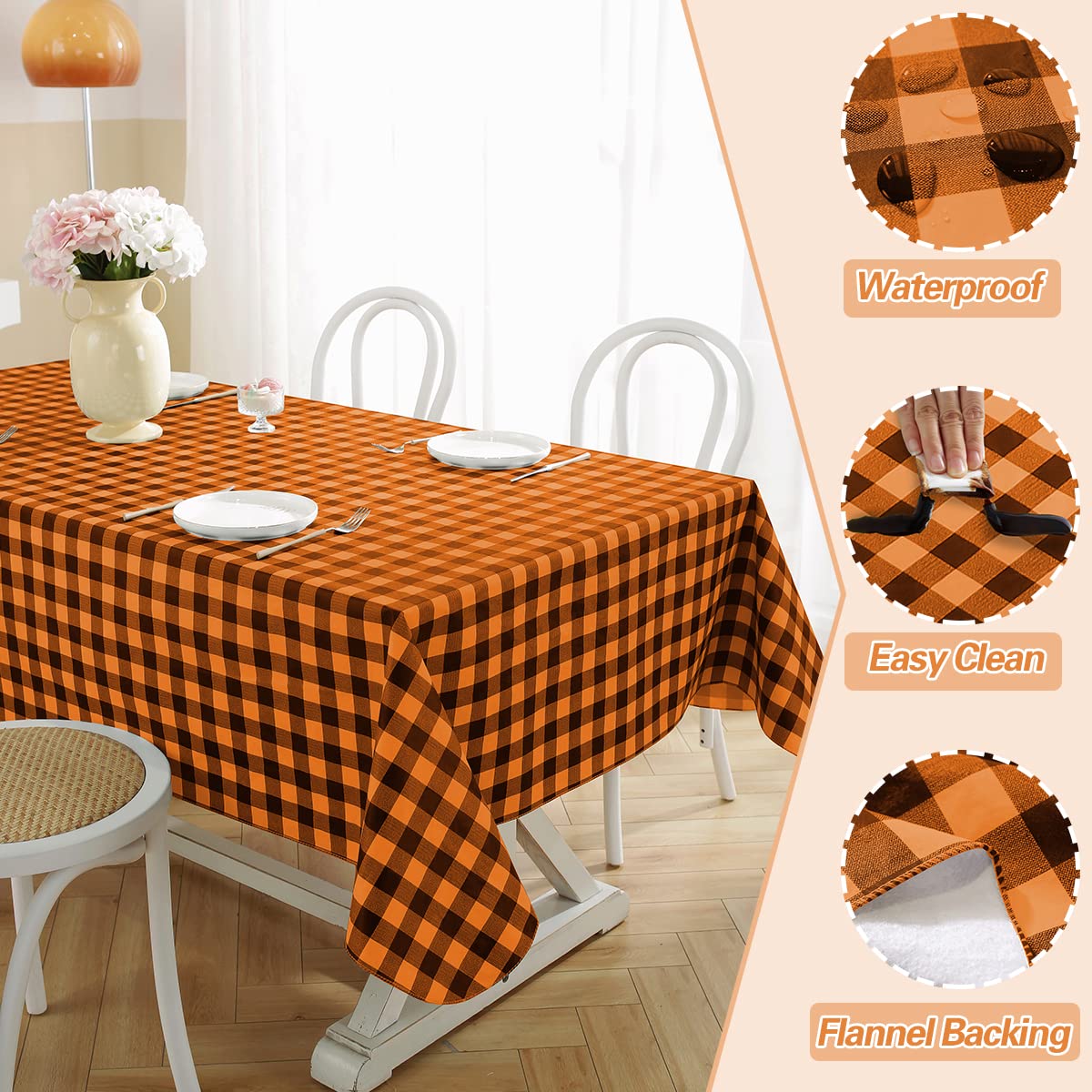 SASTYBALE Buffalo Plaid Vinyl Tablecloth Rectangle 52 x 70 Inch with Flannel Backing, Waterproof Plastic Table Cloth, Heavy Duty Tables Cover for Dining, Party, Indoor, Outdoor, Orange and Black