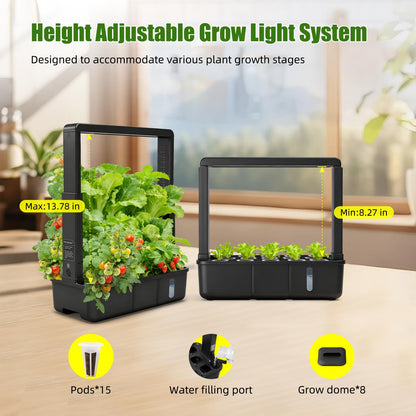 15-Pod Indoor Hydroponic Growing System with LED Grow Light, Smart Garden Kit, Adjustable Height, Auto Timer and Quiet Water Pump for Herbs