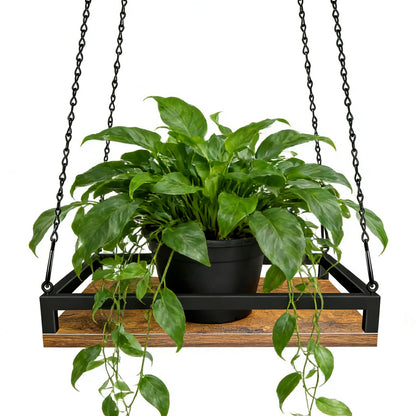 Plant Hanger Indoor, 11.8" Wooden Hanging Plant Holder with Metal Frame Hanging Planter for Indoor Plants Load 50LB Hanging Plant Shelf with 27.6" Long Chain, Ideal for Heavier Pots Window Ceiling