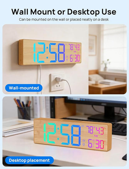 2026 Upgrade 18.5" Large Digital Wall Clock with Remote Control, Big LED Display Digital Clocks with Night Light, Alarm, DST, Temp for Parlor, Office, Classroom, Bedroom,Gifts for Seniors(Light Wood)