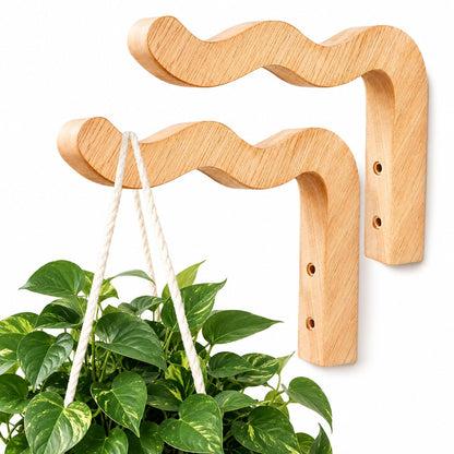 FGSAEOR Wood Plant Hangers Wave-Shaped for Outdoor, Wall Mount Hanging Plant Hooks Heavy Duty Indoor Outdoor Hooks for Flower Pots, Wind Chimes, Bird Feeders, 2 Pack (Solid Beech Wood)