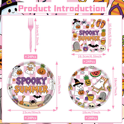 Gameza Summer Halloween Party Decorations - 96PCS Happy Summer Halloween Party Plates Napkins and Forks Disposable Tableware Set, Ghost Spooky Ween Vibes Holiday Party Supplies Decor, Serve 24