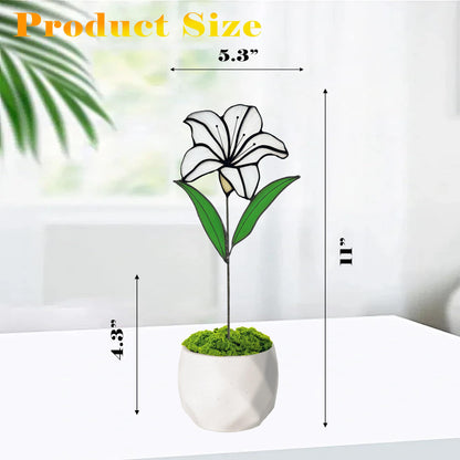 Verssure Stained Glass Flower, Stained Glass Lily with Ceramic Pot, Real Handmade Sun Catcher, Eternal Lily Decorative Sculpture Gift for Women, Mom, Wife, Anniversary, Home Decor
