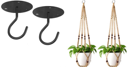 Mkono Macrame Plant Hangers Indoor Jute Hanging Planter Basket and Ceiling Hooks, Wood Beads Decorative Flower Pot Holder for Indoor Outdoor Boho Home Decor,Brown，Set of 2