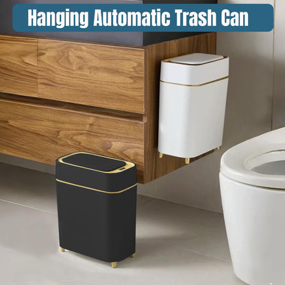 LALASTAR 2-Pack Bathroom Trash Can with Lid, Slim Motion Sensor Trash Can, Small Automatic Garbage Can Touchless, Waterproof Trash Bin for Bedroom, Office, Living Room, 2.3 Gal, Black with Gold Trim