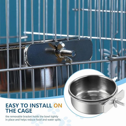 2Pcs Stainless Steel Bird Feeding Bowls, Small Bird Feeding Cup, Stainless Steel Parrot Food Bowl Cage with Holder, Parrot Cage Water Feeder, Pet Cage Cup Holder (Dia 3.93", 5.51",)