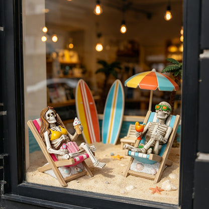 Summerween Skeleton Summer Decor - Resin Set of 2 Skeletons Summer Decorations for Home Tropical Themed Collectible Figurines for Beach Halloween Party & Home Decor Accents 2 x 4 x 4 Inches DiliComing