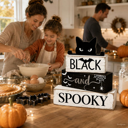 4 Pcs Halloween Table Decorations Black Cat Wooden Block Signs Black and Spooky Rustic Tiered Tray Decor Farmhouse Halloween Centerpiece with Bat & Spider Web for Home Kitchen Shelf Office Mantel Party Favors
