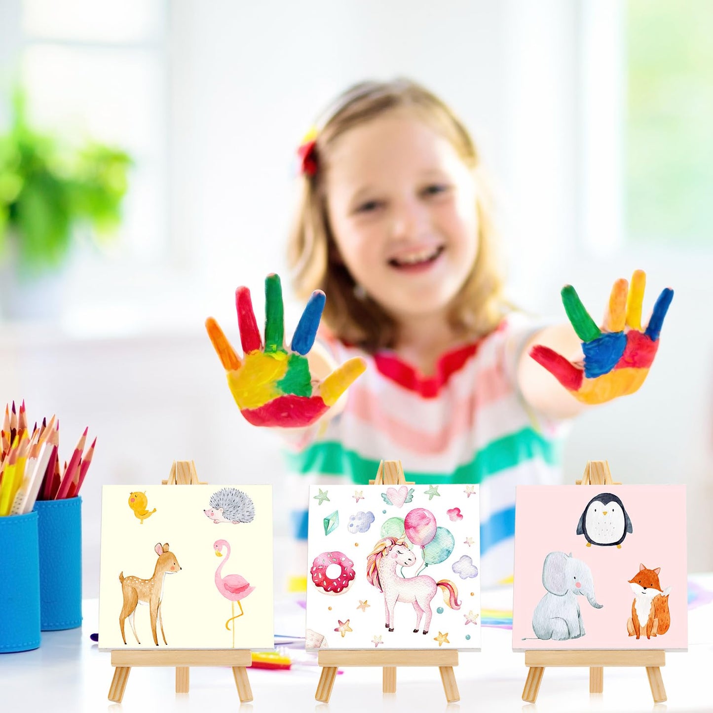 Mimorou 32 Pack Mini Canvas with Easel Sets for Painting Small Art Stretched Canvas Panels Pack with Sturdy Wood Display Easel for Classroom Crafts End of The Year Gifts (3 x 3 Inch)