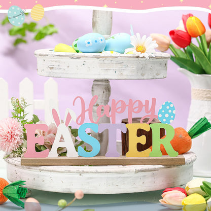 MiniInflat Happy Easter Metal Sign Rustic Table Decor Holiday Tiered Tray Decor with Wooden Base Freestanding Metal Word Sign for Home Tabletop Centerpiece Mantel Shelf Fireplace