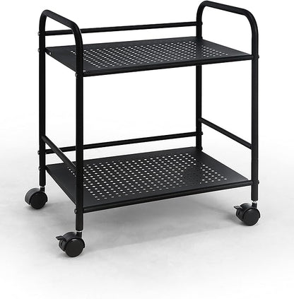SunnyPoint 2-Tier Metal Rolling Utility Cart – Mobile Storage Shelf with Caster Wheels – Small Space Organizer for Home, Office, Bedroom, Kitchen (BLK) (Pack of 2)