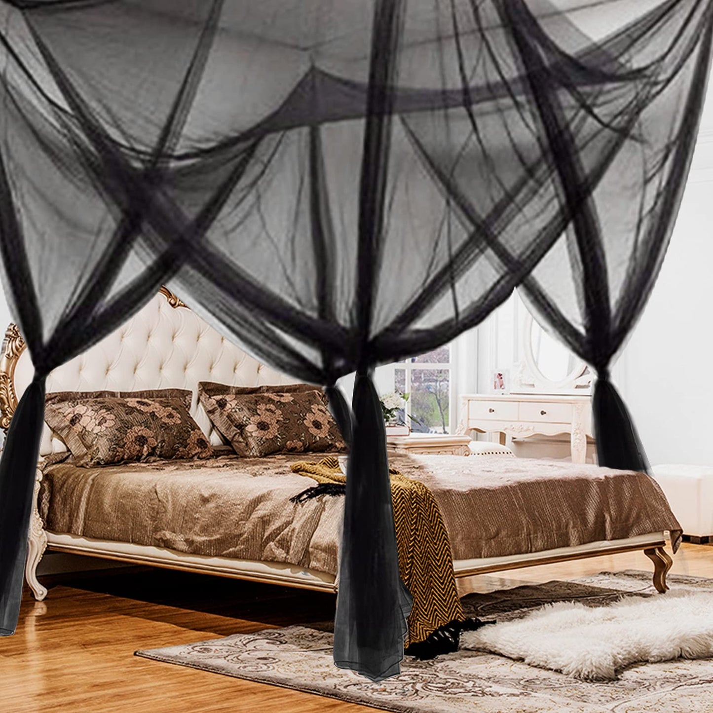 Mesh Bed Canopy Black Canopy Bed Frame Queen Canopy Bed Tents for Girls Canopy Poles for Toddler Bed, King Twin Full Size Canopy Bed for Adults Bedroom Kids Room Camping Lights Screen Netting Curtains