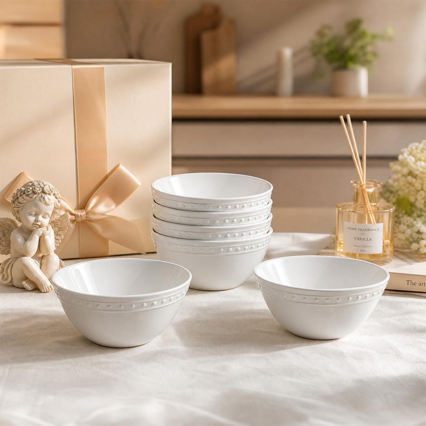 BEESEN 5.8in Basic White Beaded Melamine Plastic Cereal Bowl Set, Soup Bowls Set of 6, Dishwasher Safe, Break-Resistant, 23oz Melamine Bowls for Daily Use