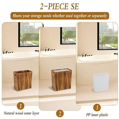 3 Gallon Wooden Trash Can with Liner, Wood & Plastic Bathroom Trash Can, Small Decorative Waste Basket for Bathroom, Bedroom, Kitchen, Office