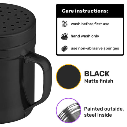 CUSINIUM 10oz Black Stainless Steel Salt Pepper Dredge Shakers - With Plastic Cap - With Handle - Pack of 2