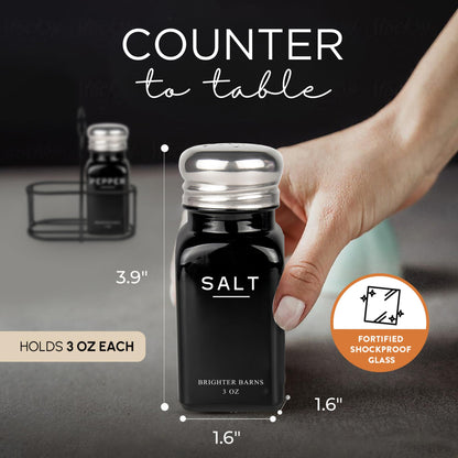 Black Salt and Pepper Shakers Set with Holder by Brighter Barns - Farmhouse Kitchen Decor, Modern Kitchen Essentials, Dining Table Centerpiece Decor - Glass Shakers with Caddy for Restaurants (Black)