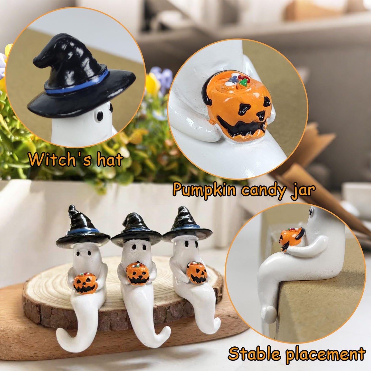Hikiwin 3Pcs Halloween Ghost Figurine, Cute Spooky Resin Statue, Mini Ghosts Decorations for Gift, Funny Little Ghost Statue for Tabletop Home Decor, Halloween Decorations Indoor