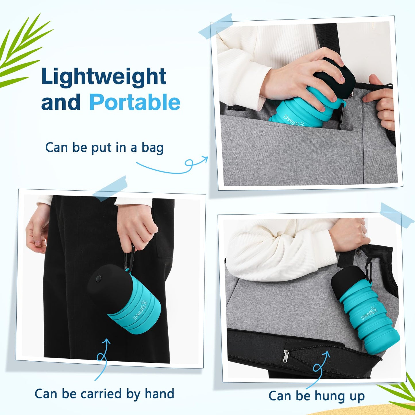 Pecute Dog Water Bottle Portable & Collapsible,17oz-29oz Water Dispenser with Folding Bowl, 5 Levels Capacity in 1,Carabiner Clip,100% Food Grade Silicone,Outdoor Walking,Hiking,Travel,Light Blue