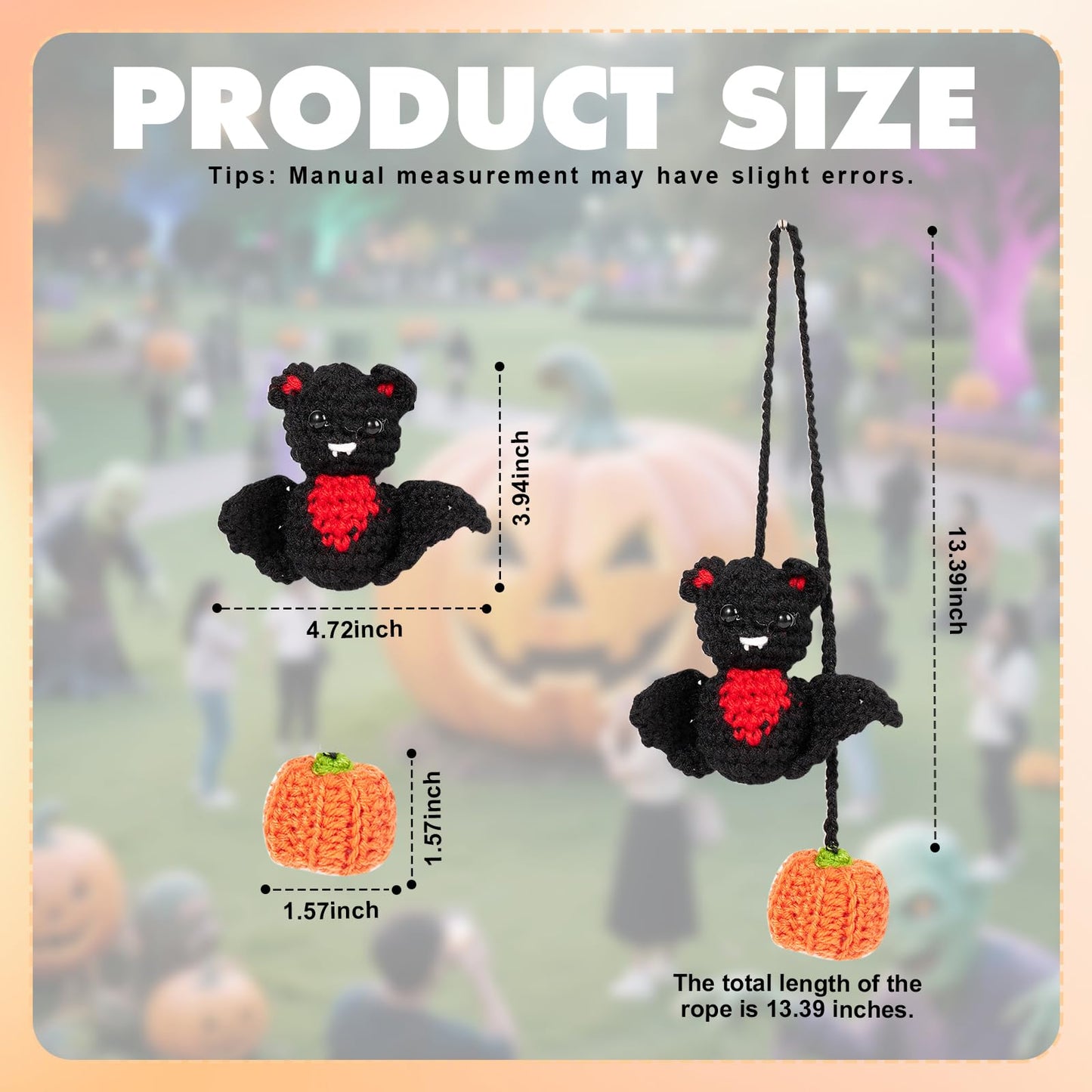 Rislobx Crochet Bat and Pumpkin Car Rearview Mirror Hanging, Knitted Cute Halloween Bat Car Charm Ornament, Handmade Pendant Mirror Decor Auto Interior Accessories (Pumpkin)