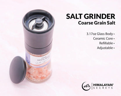 Himalayan Secrets Pink Salt Coarse Grinder - Natural Gourmet Cooking Salt, Kosher Certified, Unrefined, Mineral Rich, Bold Flavor, No Additives, Refillable Container with Ceramic Mill (3.17 oz)