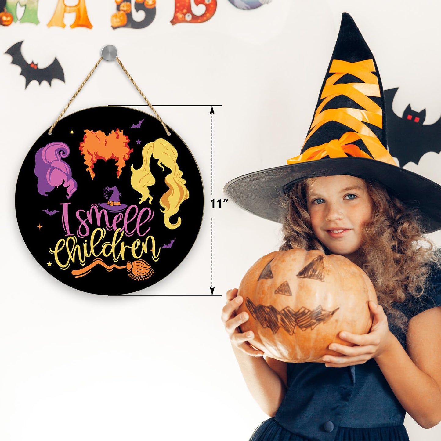 Witches Halloween Decorations For Home - I Smell Children, Welcome Sign for Front Door, Home Outside Inside Decor Wood Sign, Haunted House Halloween Party Wall Door Wreath/04