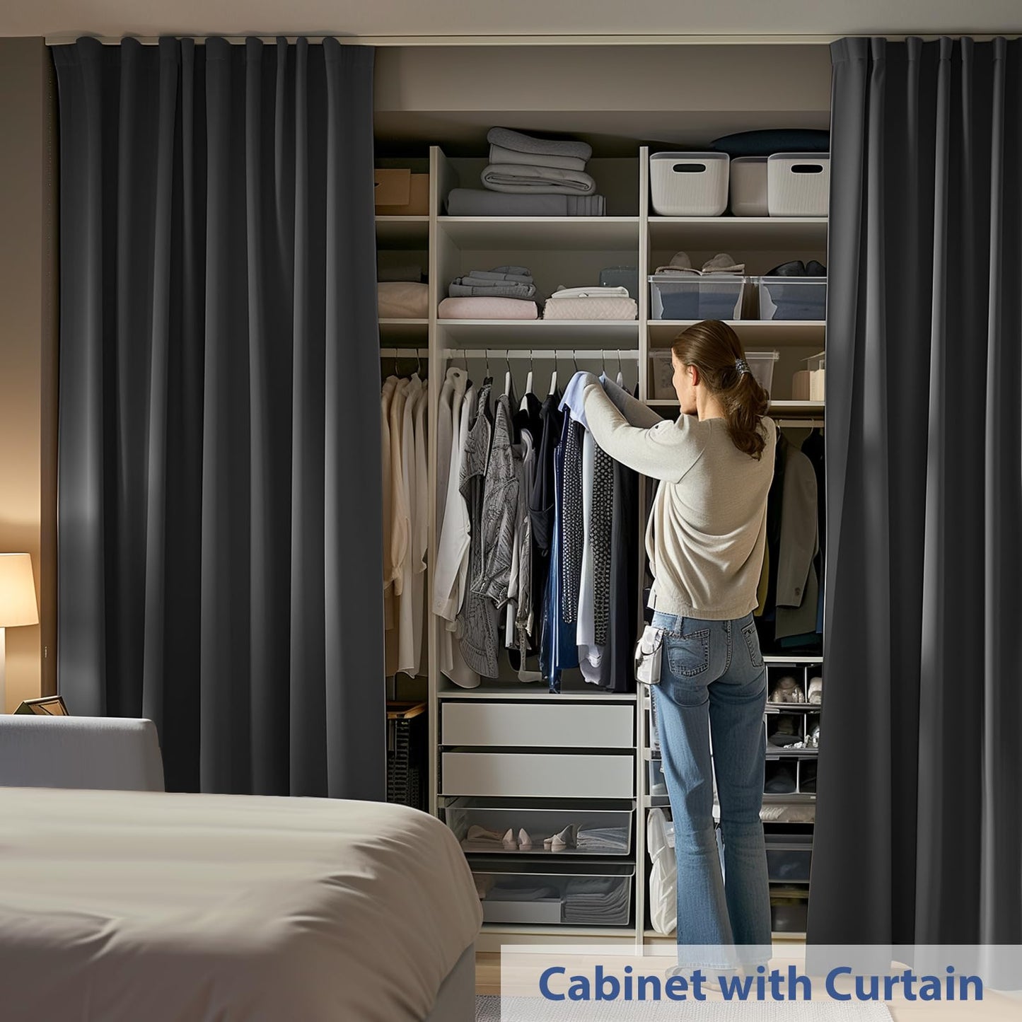 cbsroro Room Divider Ceiling Mounted Curtains Track Sets Extra Wide Blackout Curtain Flexible Tracks for Bedroom Privacy Partition Separator, 1 Panel Black Drape and White Rail, W8.3 x H8ft