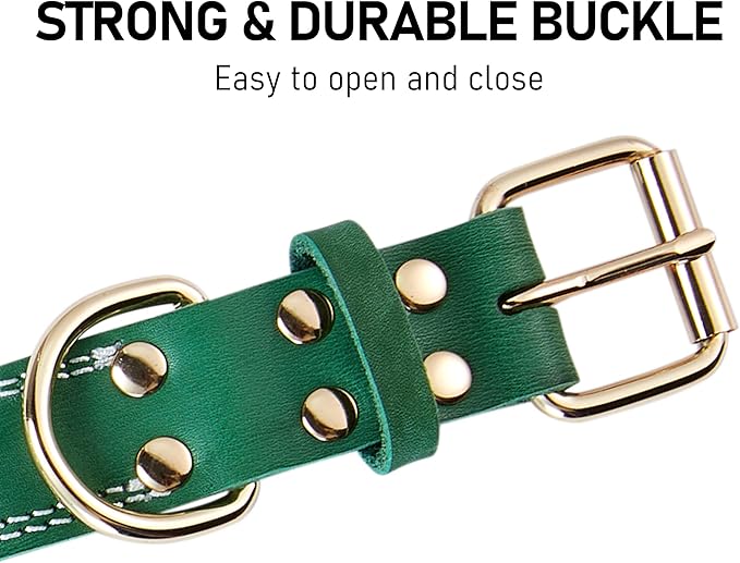 Genuine Leather Dog Collar, Heavy Duty Wide Dog Collar for Small, Medium, Large and Extra Large Dog (XL: 1.4" Wide for 18.6"-25.8" Neck, Dual Stitch - Green)