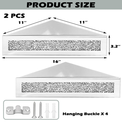 Royxen Corner Floating Shelves 2 Sets, Corner Shelf Wall Mounted Crushed Diamond, Corner Shelves Crystal Mirrored, Floating Corner Shelves for Wall