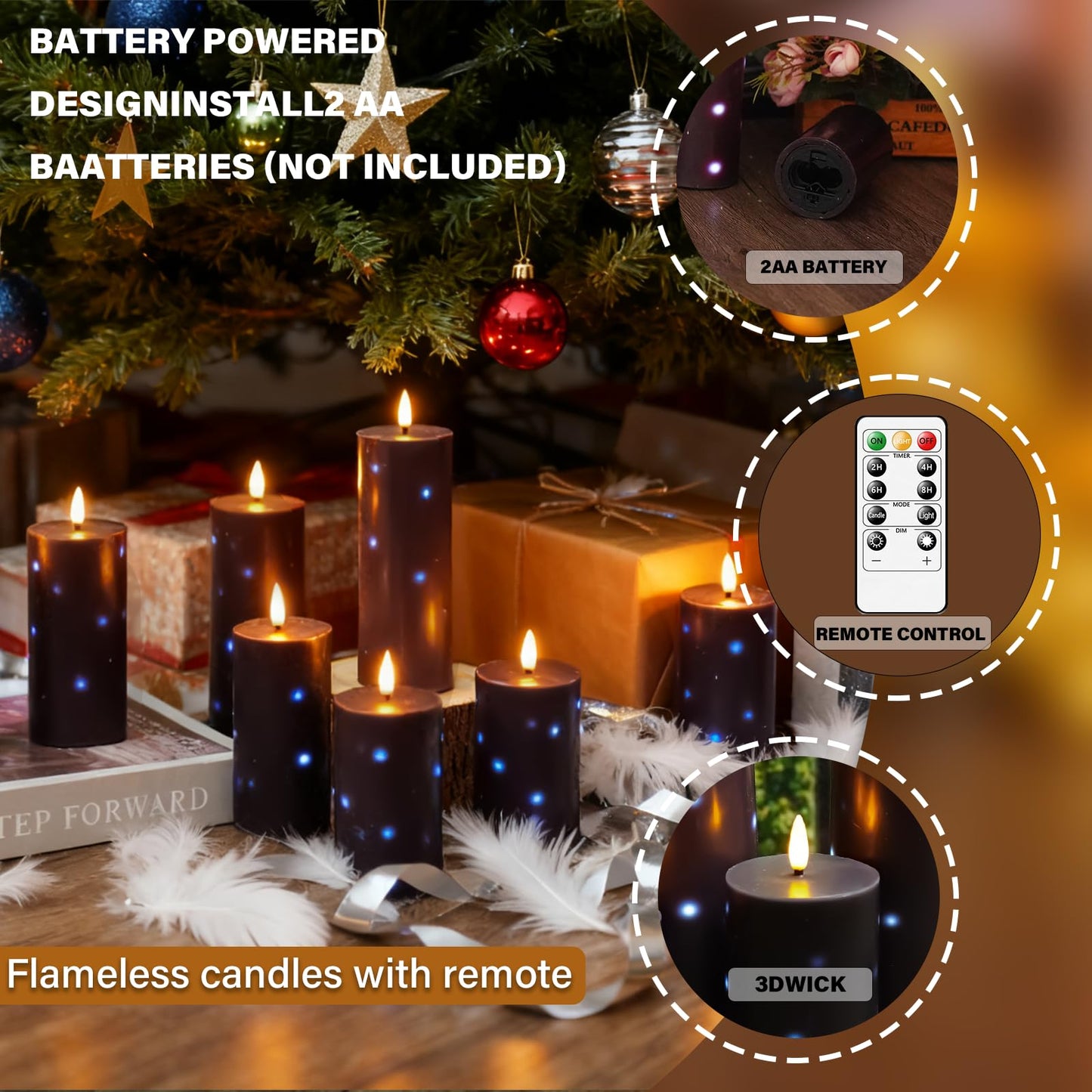 Nimiko Flickering Flameless Candles with Remote Control and Timer Set of 5 Pc Real Wax LED Pillar Candles, Battery Operated Candles（D2.2×H5/5.5"/6"/7"/8"） Halloween Decorations Home Decor （Black）