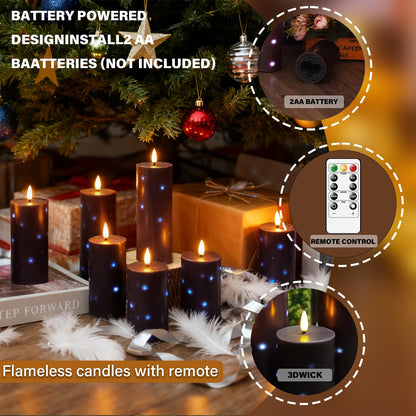 Nimiko Flickering Flameless Candles with Remote Control and Timer Set of 5 Pc Real Wax LED Pillar Candles, Battery Operated Candles（D2.2×H5/5.5"/6"/7"/8"） Halloween Decorations Home Decor （Black）