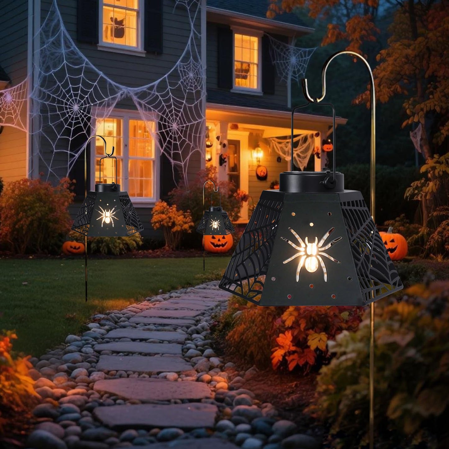 WONDER GARDEN Halloween Lantern Lights, 2 Pack Solar Hanging Spider Wed Lights, Metal Decorative Light for Outdoor Porch Yard Garden Tree Decor