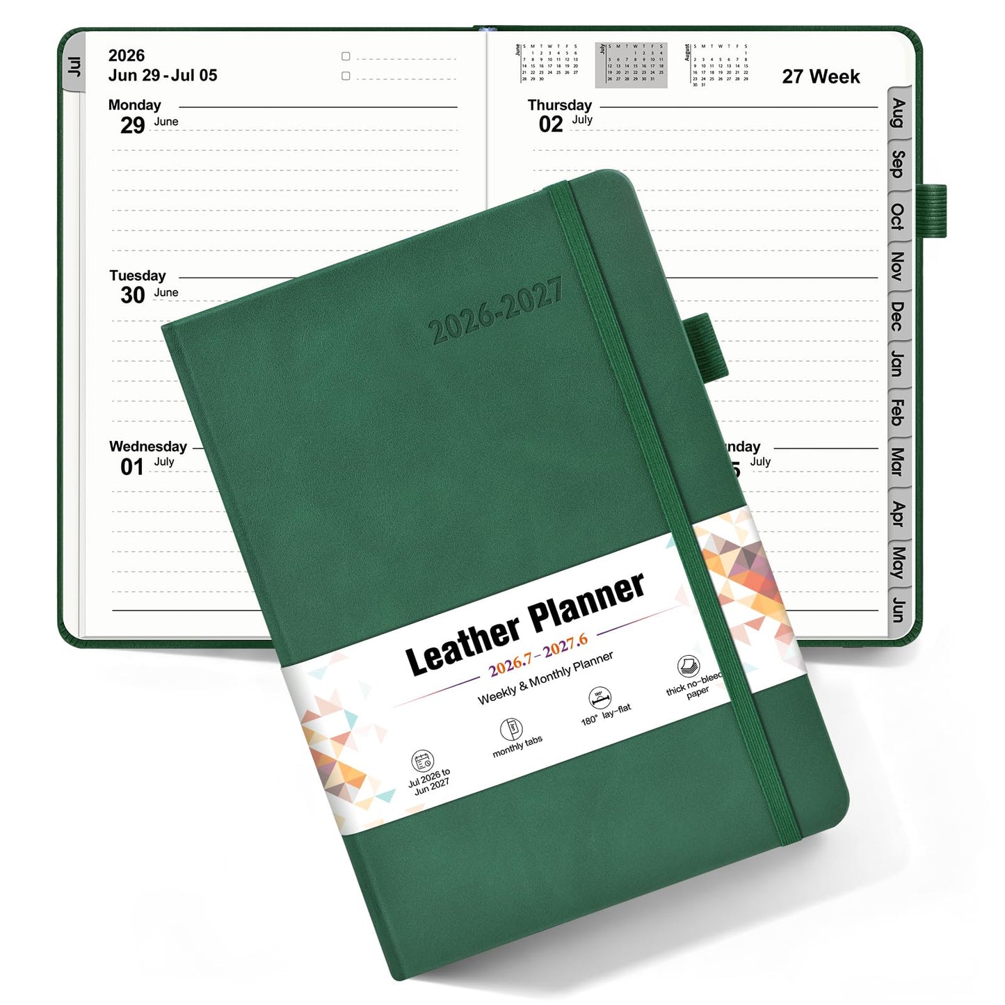 Planner 2026-2027, Academic Weekly and Monthly Calendar Planner from July 2026 - June 2027, Hardcover Leather Daily Agenda Book with Tabs, College School Organizer for Student Teacher, A5 (5.75" x 8.38"), Green