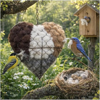 Handmade Alpaca Fiber Bird Nesting Heart,Natural Nesting Material Holder for Wild Birds, Hummingbirds & Chickadees, Cozy Winter Shelter & Garden Art Gift for Bird Lovers
