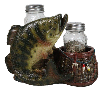Ebros Gift Nautical Marine Fisherman Sea Bass Fishing With Tackle Box Wicker Saddle Bags Salt and Pepper Shakers Holder Figurine Set for Rustic Cabin Lodge Restaurant Bar Kitchen Decor