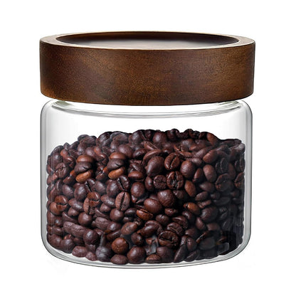 17 Fl oz/500 ml Glass Food Storage Jar, Premium Clear Glass Container Jar with Airtight Screw-on Wooden Lid, Kitchen Canisters for Coffee,Tea,Pasta,Cookies, Nuts,Spice,Candy,Overnight Oatmeal（Small)