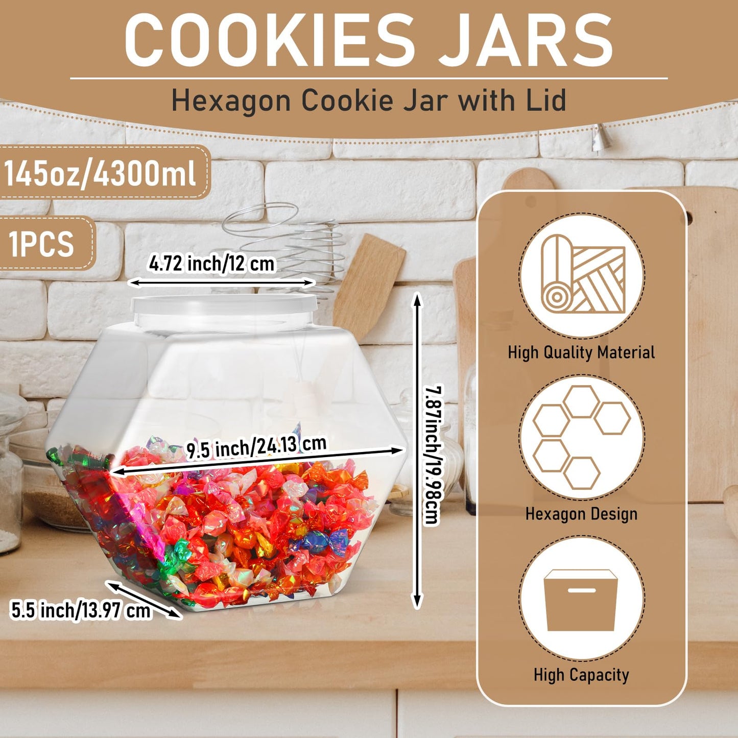 Uiifan 1 Piece Plastic Candy Jar with Lid Clear Fish Bowls Cookie Jar Hexagonal Containers for Snacks, Dog Food, Desk Pet, Craft and Sewing Supplies, Coffee Pod, Laundry Pod Storage Display(145 oz)
