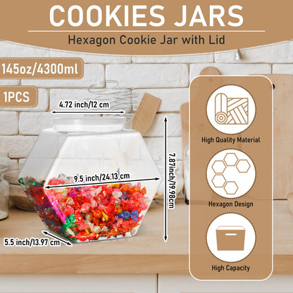 Uiifan 1 Piece Plastic Candy Jar with Lid Clear Fish Bowls Cookie Jar Hexagonal Containers for Snacks, Dog Food, Desk Pet, Craft and Sewing Supplies, Coffee Pod, Laundry Pod Storage Display(145 oz)