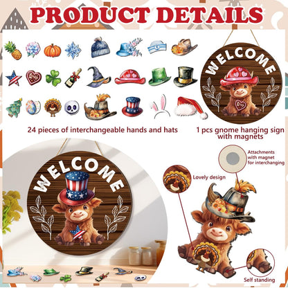 Riletese Easter Interchangeable Welcome Sign Wooden Highland Cow Seasonal Holiday Decor with Magnet Pieces and Detachable Hats Front Door Yard Home Decorations Gift (Highland Cow)