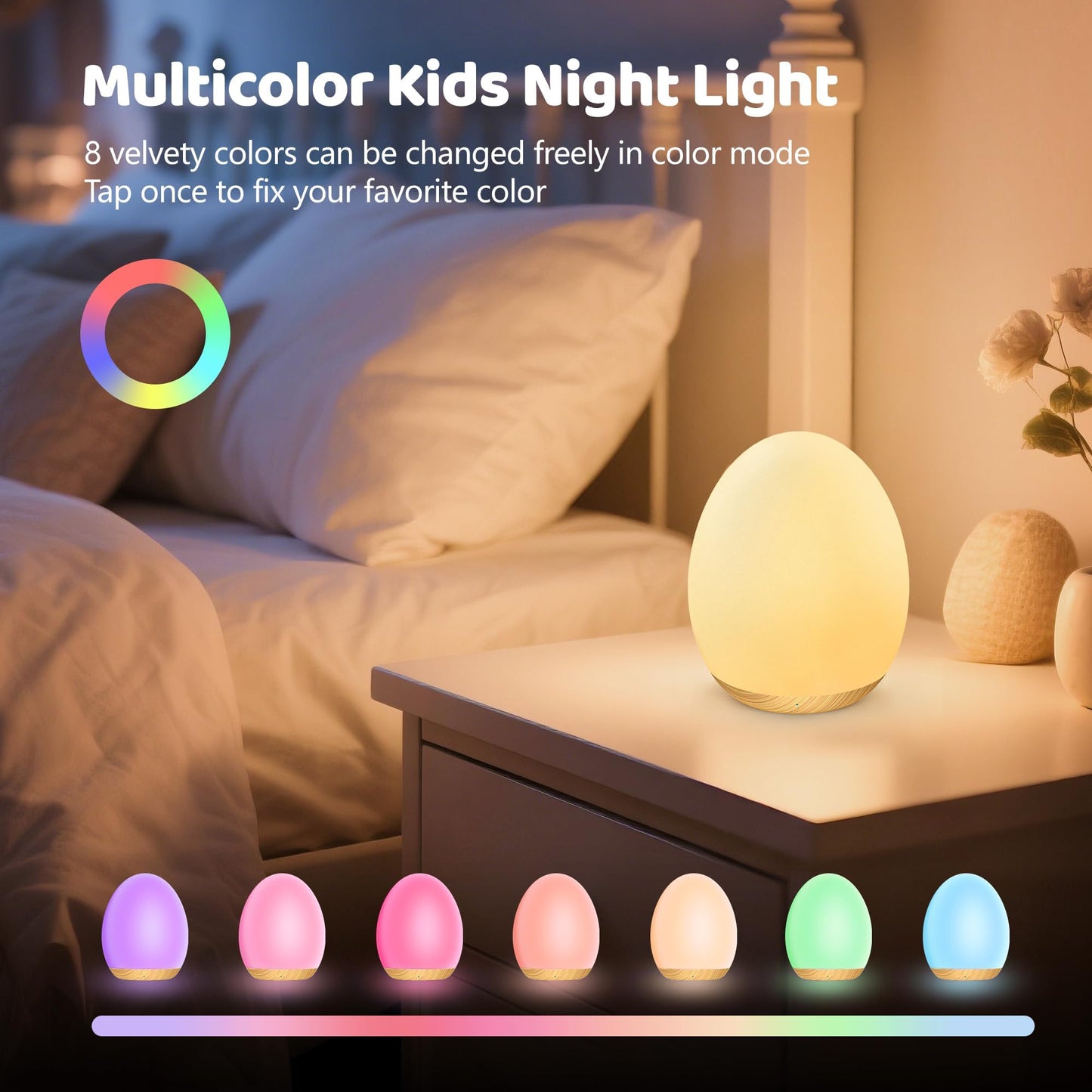 MediAcous Night Light for Kids, Baby Egg Light for Nursery, 7 Colors Changing & Stepless Dimming, Soft Silicone Touch Night Lamp with 1 Hour Timer, Rechargeable Nursery Night for Breastfeeding