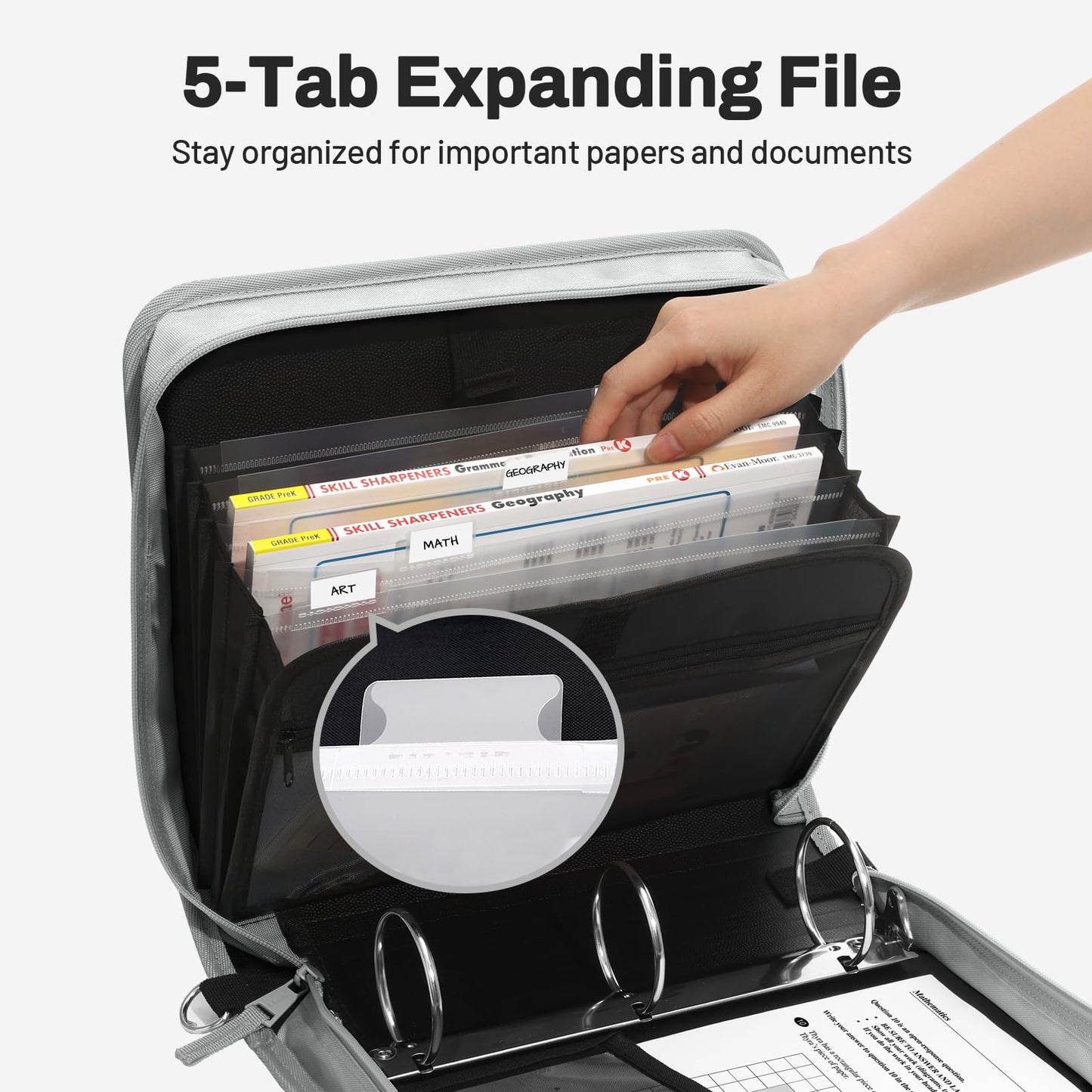 SUNEE Zipper Binder 3 Ring, 3 Inch O-Ring with Handle and Shoulder Strap, 600-Sheet Capacity, 5-Tab Expanding File Folder, Multi-Pockets for Middle School Organizer Binder with Zipper, Light Grey