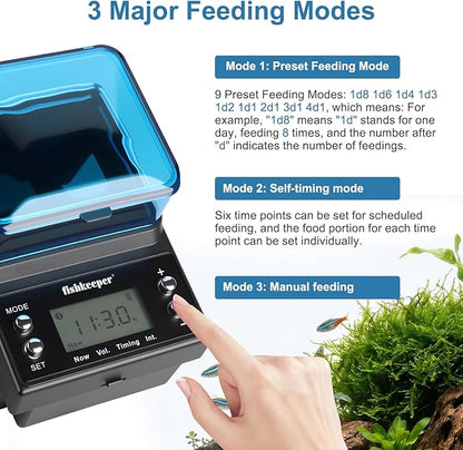 fishkeeper Automatic Fish Feeder Rechargeable, 3 Feeding Modes USB Aquarium Auto Dispenser for Pellets Flakes Powder, with Lithium Battery LCD Screen for Vacation Betta Turtle - Memory Function