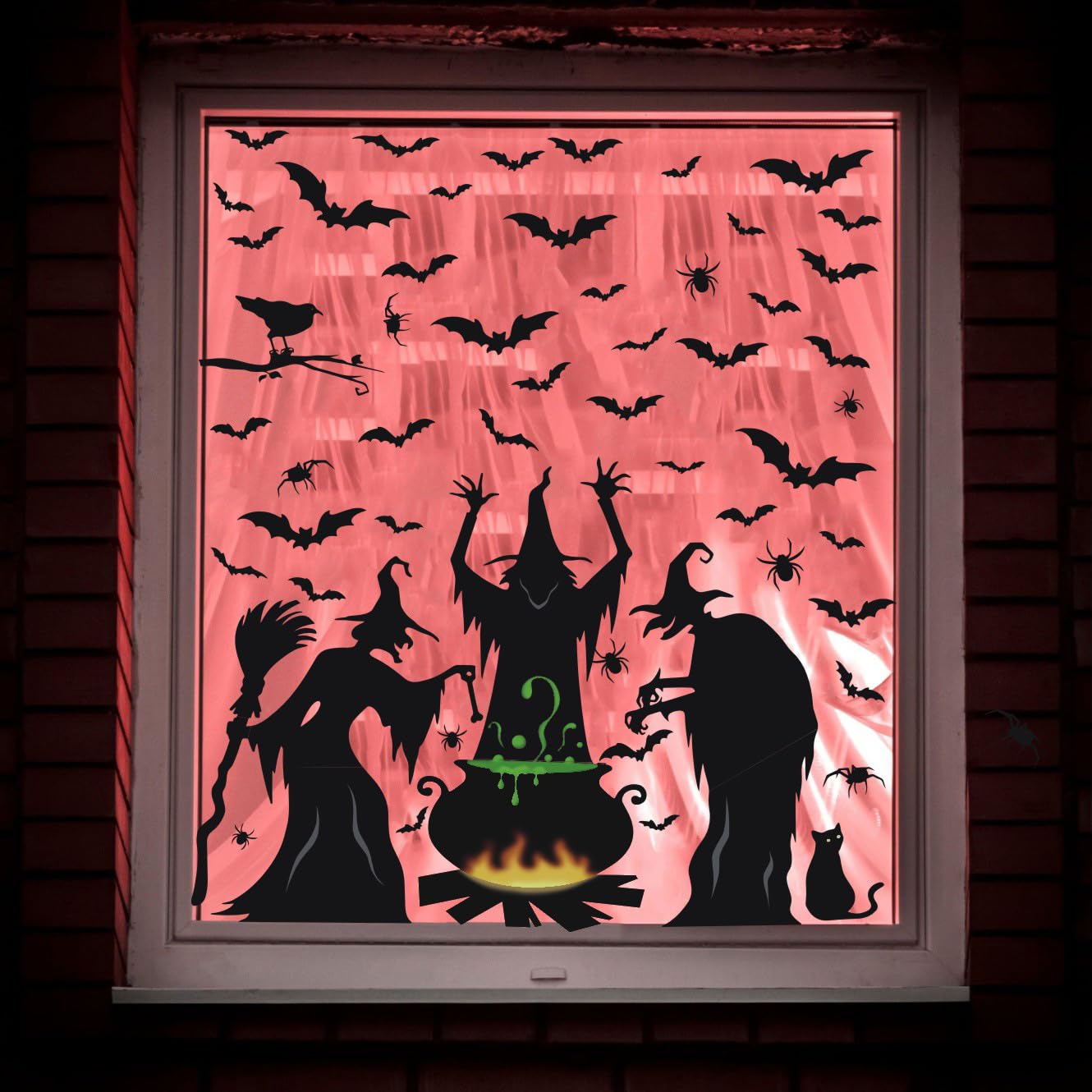 Halloween Window Clings Decorations, Witches with Cauldron Silhouette Black Cats Bats Spider Halloween Window Stickers Decals for Home Party Indoor Outdoor Glass Windows Door Decor